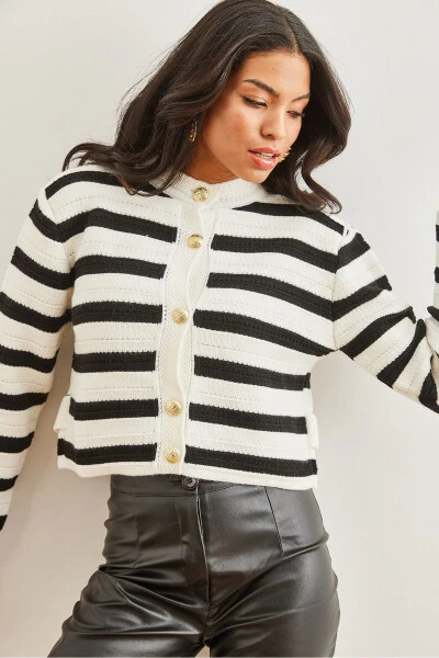 Women's White Honeycomb Knitted Striped Cardigan WRD-19000316 - OLALOOK (1)