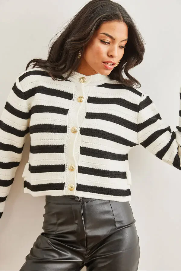 Women's White Honeycomb Knitted Striped Cardigan WRD-19000316 - 2