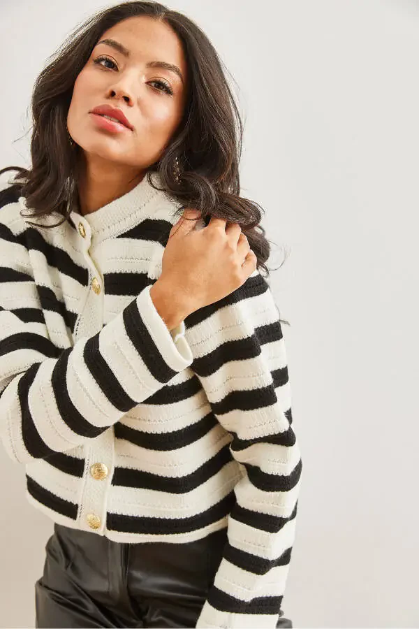 Women's White Honeycomb Knitted Striped Cardigan WRD-19000316 - 3