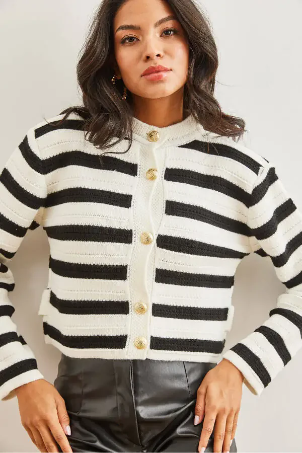 Women's White Honeycomb Knitted Striped Cardigan WRD-19000316 - 4