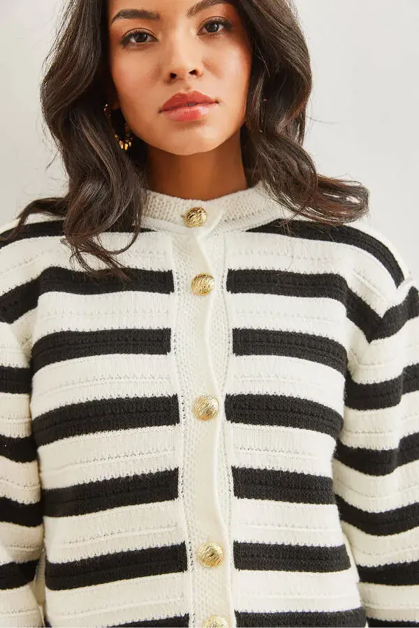 Women's White Honeycomb Knitted Striped Cardigan WRD-19000316 - 5