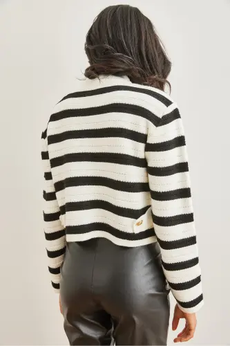 Women's White Honeycomb Knitted Striped Cardigan WRD-19000316 - OLALOOK (1)