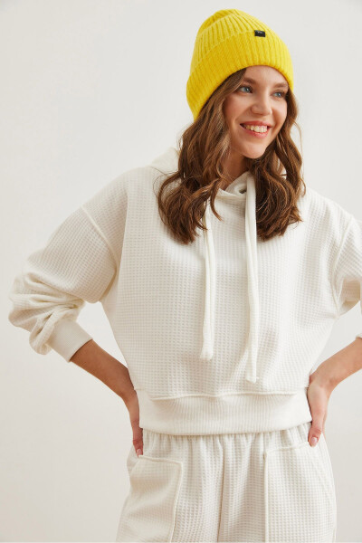 Women's White Hooded Drawstring Waffle Sweatshirt SWT-19000708 - OLALOOK