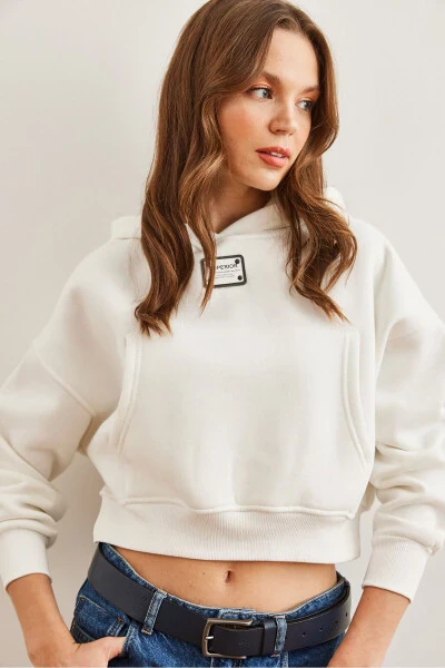 Women's White Hooded Patch Detailed Thistle Crop Thick Sweatshirt - OLALOOK (1)