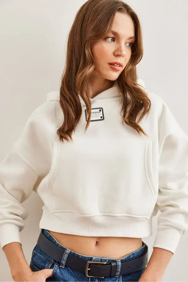 Women's White Hooded Patch Detailed Thistle Crop Thick Sweatshirt - 2
