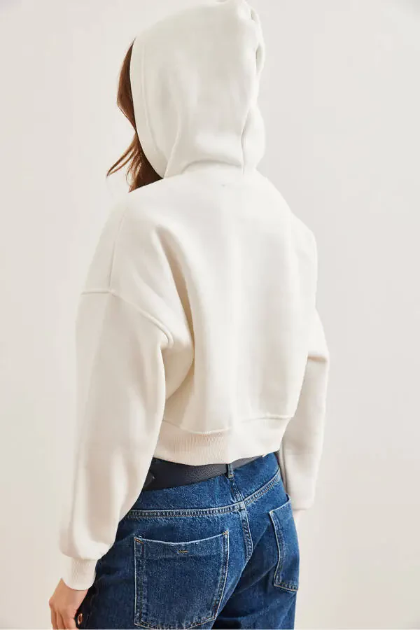 Women's White Hooded Patch Detailed Thistle Crop Thick Sweatshirt - 5