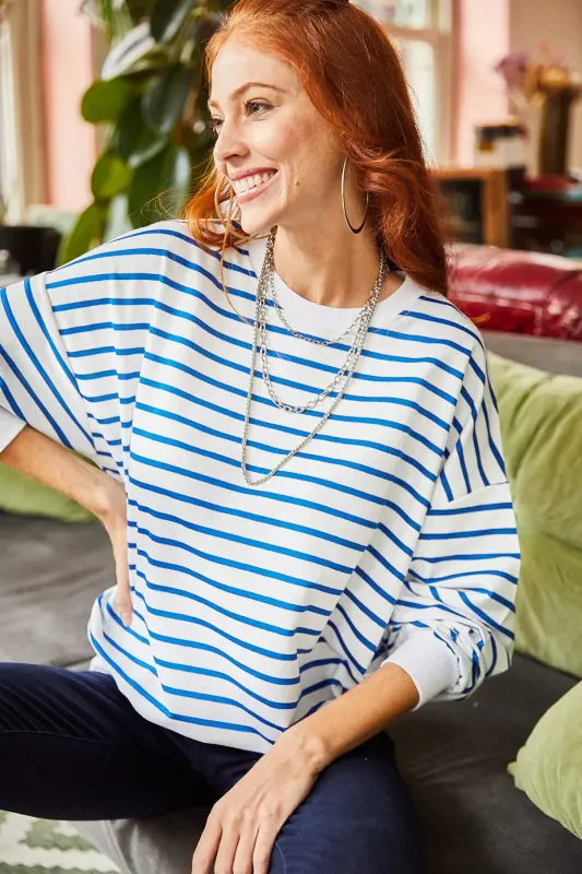 Women's White Indigo Striped Basic Soft Touch Slouchy Sweatshirt SWT-19000457-White Indigo - 3