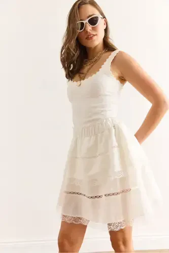 Women's White Lace Detailed Shorts Linen Look - 6