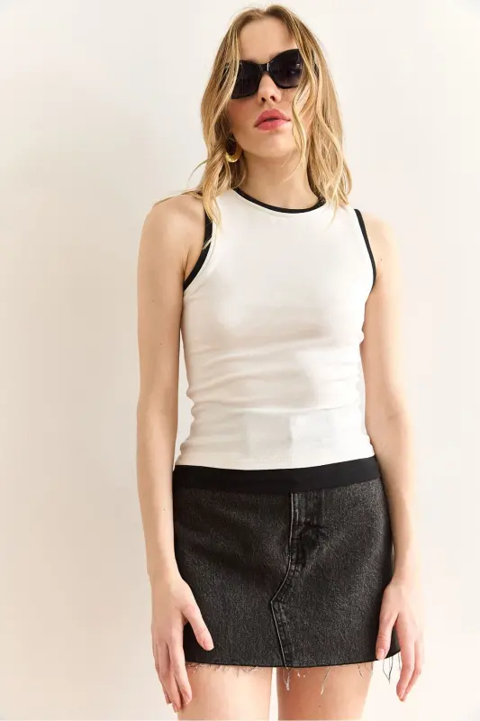 Women's White Lace Trim Crew Neck Crop Blouse BLZ-19 - 6