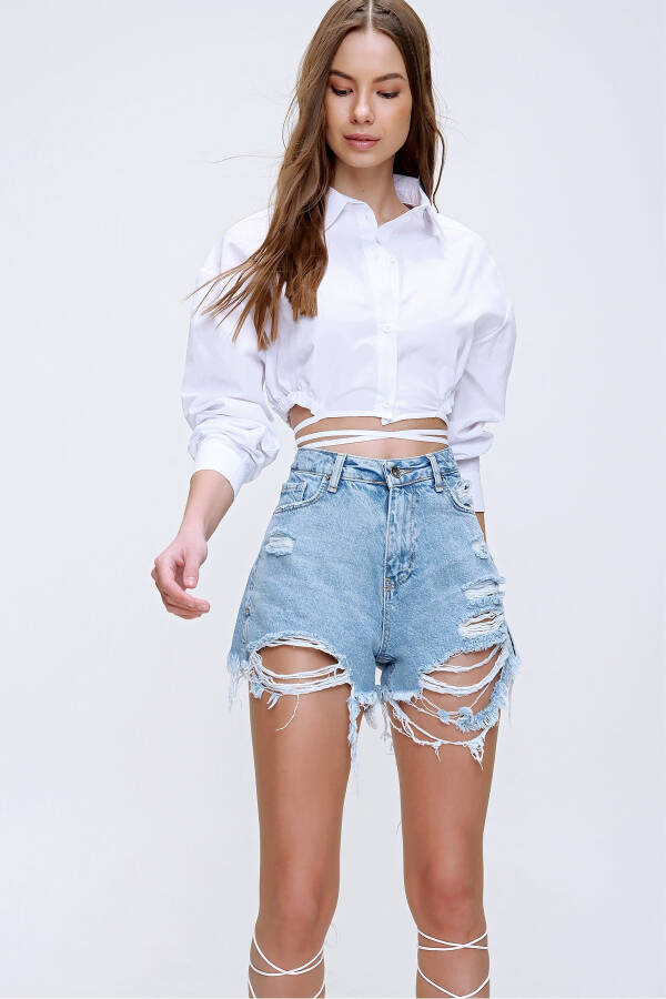 Women's White Lace-Up Crop Poplin Shirt ALC-X6039 - 4