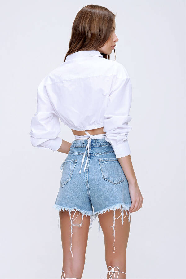 Women's White Lace-Up Crop Poplin Shirt ALC-X6039 - 6
