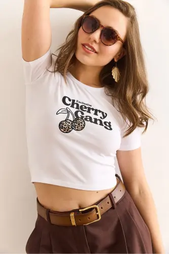 Women's White Leopard Cherry Detailed Lycra Cotton T-shirt - 1