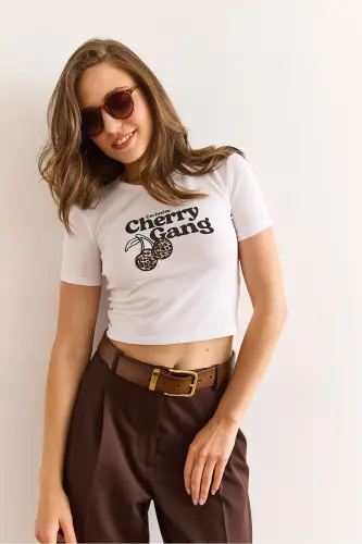 Women's White Leopard Cherry Detailed Lycra Cotton T-shirt - 4