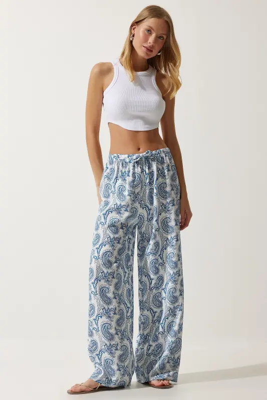 Women's White Light Blue Patterned Raw Linen Palazzo Pants BH00397-White Light Blue - 1