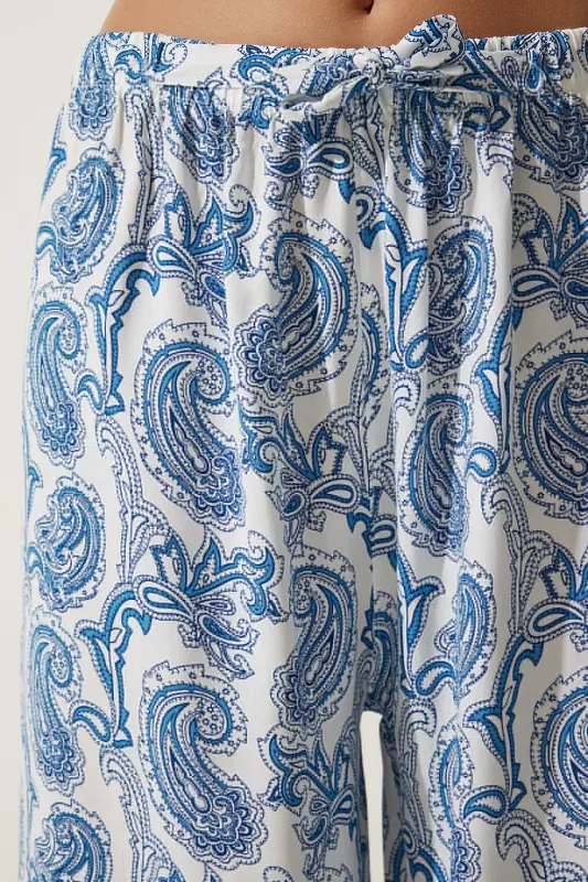 Women's White Light Blue Patterned Raw Linen Palazzo Pants BH00397-White Light Blue - 5