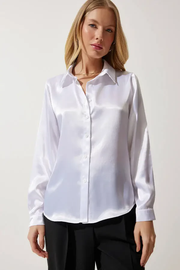 Women's White Lightweight Flowy Satin Top DD00990 - 2