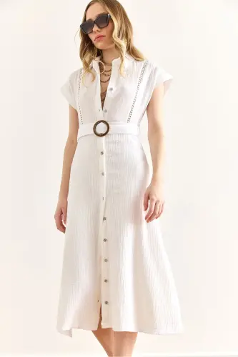 Women's White Lined Belted Muslin Shirt Dress - 1