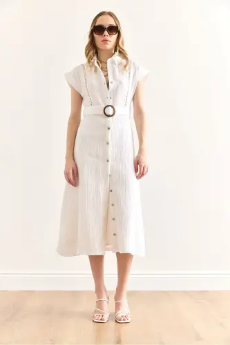 Women's White Lined Belted Muslin Shirt Dress - OLALOOK (1)