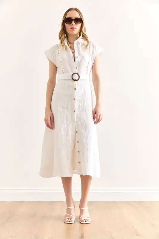 Women's White Lined Belted Muslin Shirt Dress - 2