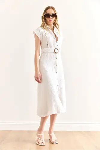 Women's White Lined Belted Muslin Shirt Dress - 3