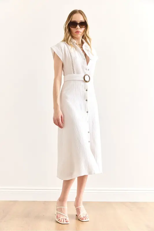 Women's White Lined Belted Muslin Shirt Dress - 3