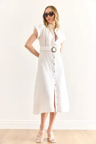 Women's White Lined Belted Muslin Shirt Dress - 4