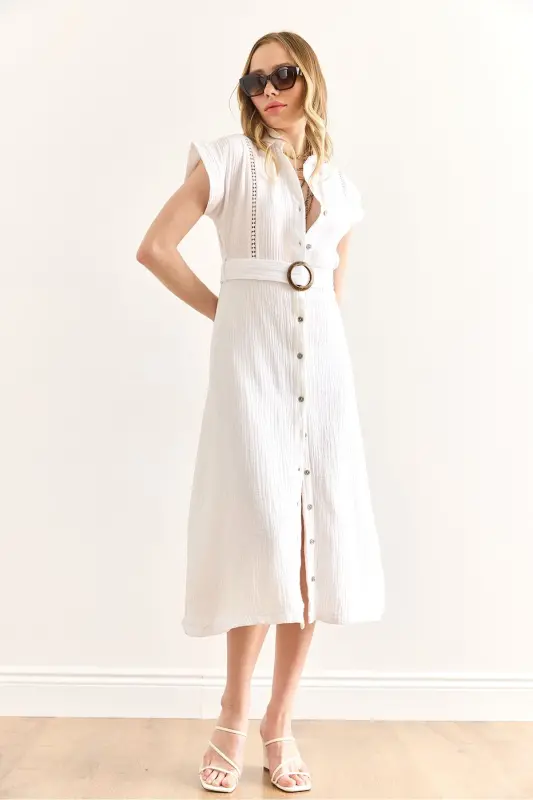 Women's White Lined Belted Muslin Shirt Dress - 4