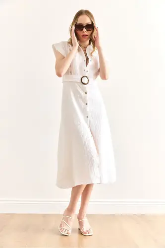 Women's White Lined Belted Muslin Shirt Dress - 5