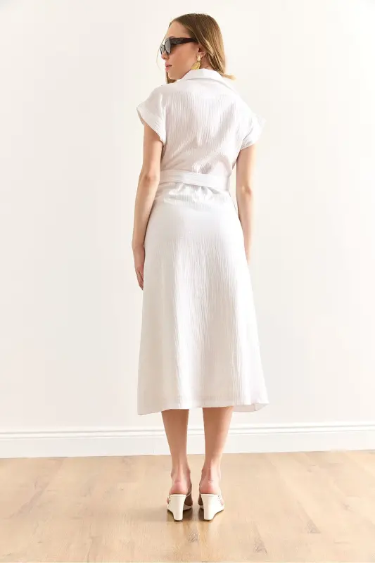 Women's White Lined Belted Muslin Shirt Dress - 6