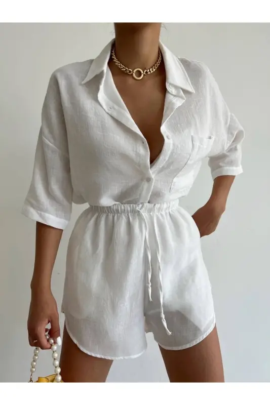Women's White Linen Oversize Shirt Shorts Set-White - 1