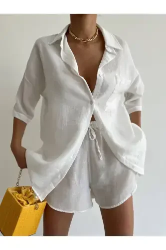 Women's White Linen Oversize Shirt Shorts Set-White - 2