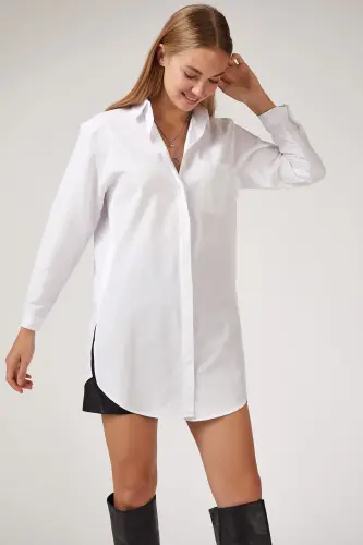Women's White Long Boyfriend Poplin Shirt BP00045 - White - 1