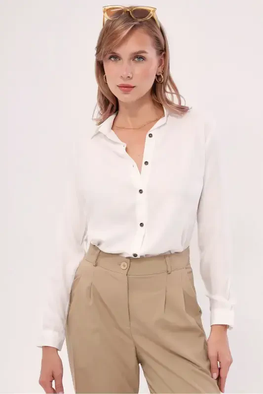 Women's White Long Sleeve Plain Shirt ARM-18Y001176 - 1