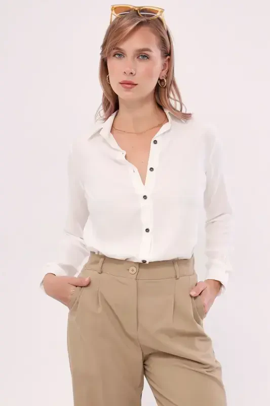 Women's White Long Sleeve Plain Shirt ARM-18Y001176 - 4