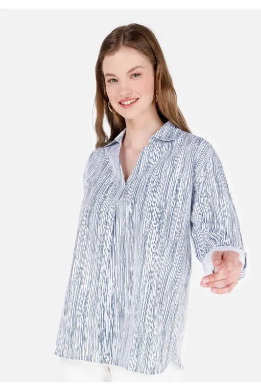 Women's white, long-sleeved, striped, roll-up collar, regular fit shirt. - COLIN'S
