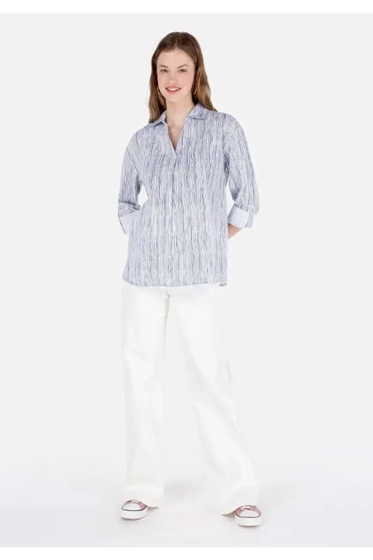 Women's white, long-sleeved, striped, roll-up collar, regular fit shirt. - 3