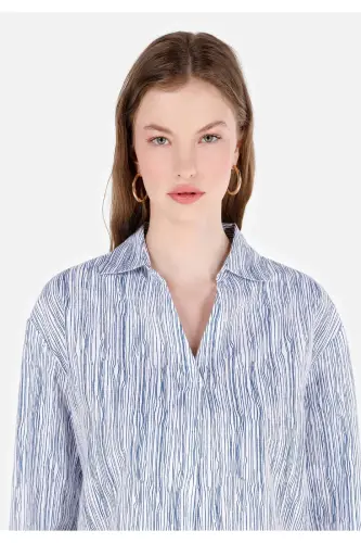 Women's white, long-sleeved, striped, roll-up collar, regular fit shirt. - 4