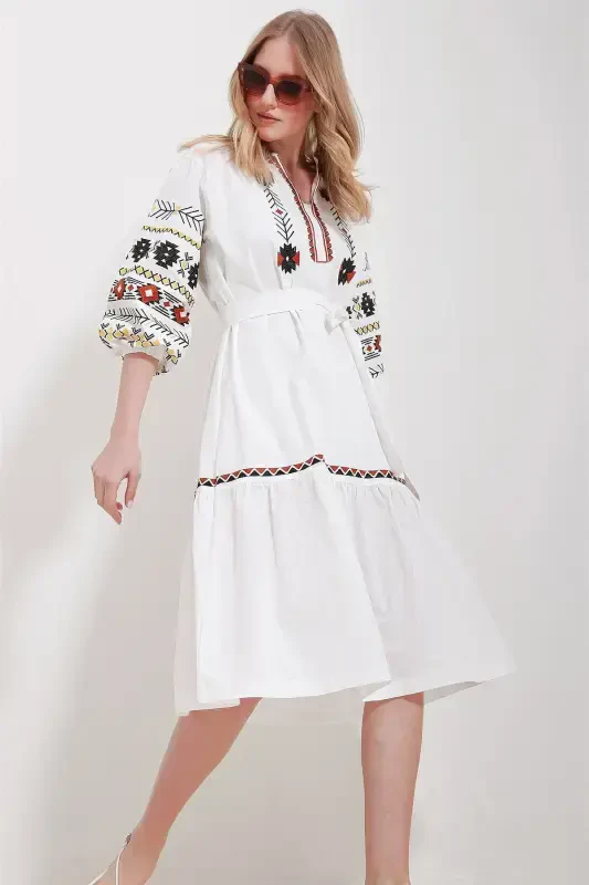 Women's White Mandarin Collar Balloon Sleeve Lined Belted Embroidered Dress ALC-X11571 - 1