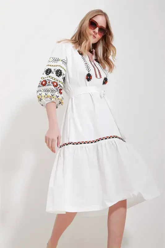 Women's White Mandarin Collar Balloon Sleeve Lined Belted Embroidered Dress ALC-X11571 - 3