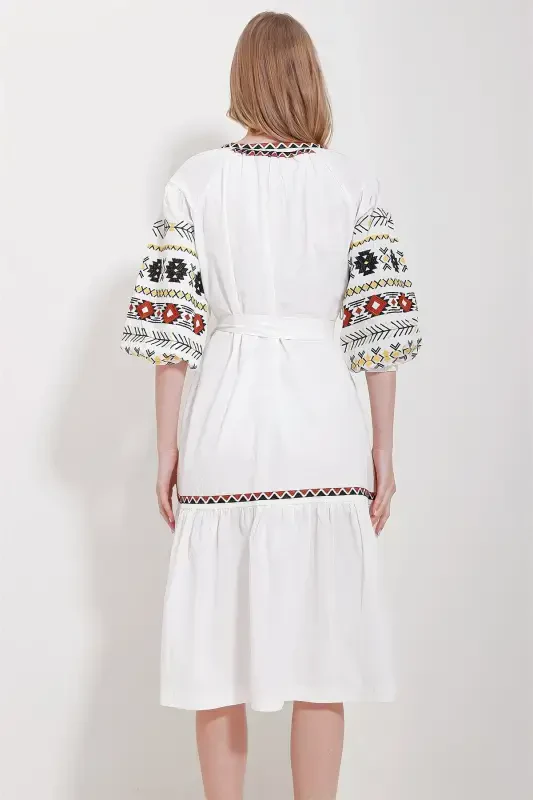 Women's White Mandarin Collar Balloon Sleeve Lined Belted Embroidered Dress ALC-X11571 - 5