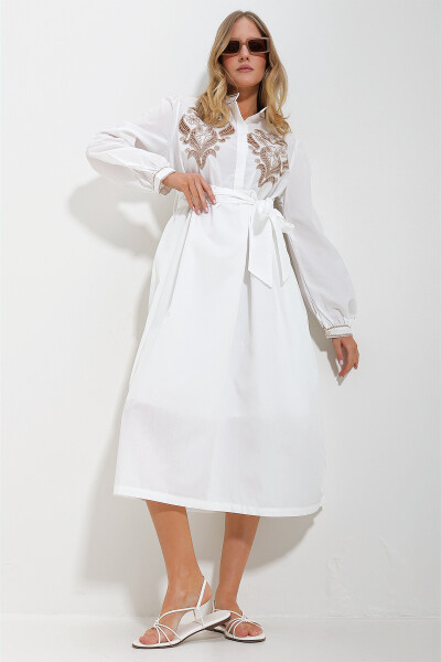 Women's White Mandarin Collar Embroidered Balloon Sleeve Belted Lined Woven Dress ALC-X11568 - TREND ALAÇATI STILI