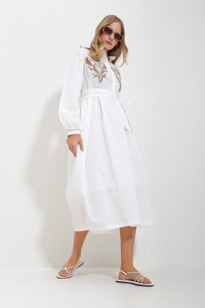 Women's White Mandarin Collar Embroidered Balloon Sleeve Belted Lined Woven Dress ALC-X11568 - TREND ALAÇATI STILI (1)