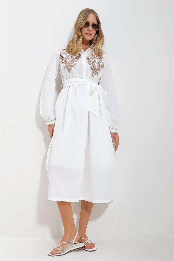 Women's White Mandarin Collar Embroidered Balloon Sleeve Belted Lined Woven Dress ALC-X11568 - 3