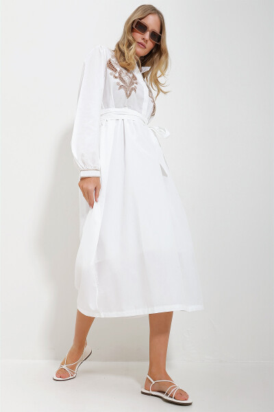 Women's White Mandarin Collar Embroidered Balloon Sleeve Belted Lined Woven Dress ALC-X11568 - 4