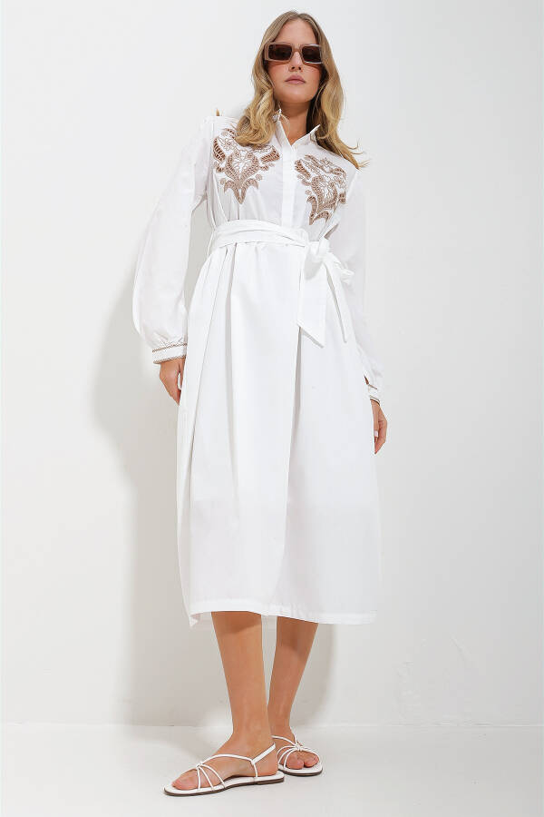 Women's White Mandarin Collar Embroidered Balloon Sleeve Belted Lined Woven Dress ALC-X11568 - 5