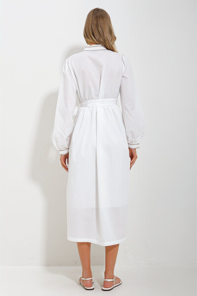Women's White Mandarin Collar Embroidered Balloon Sleeve Belted Lined Woven Dress ALC-X11568 - 7