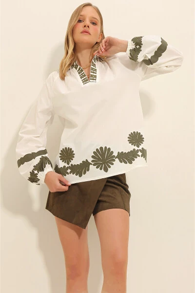 Women's White Mandarin Collar Embroidered Balloon Sleeve Woven Blouse ALC-X11298 - TREND ALAÇATI STILI (1)