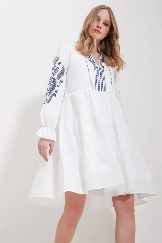 Women's White Mandarin Collar Lined Embroidered Dress ALC-X11572 - TREND ALAÇATI STILI