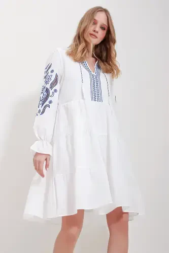 Women's White Mandarin Collar Lined Embroidered Dress ALC-X11572 - 3