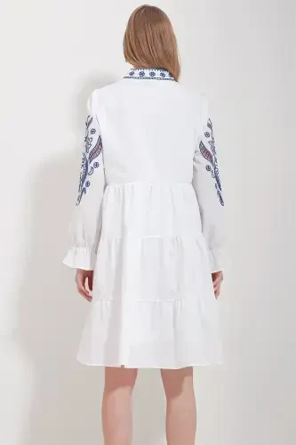 Women's White Mandarin Collar Lined Embroidered Dress ALC-X11572 - 6